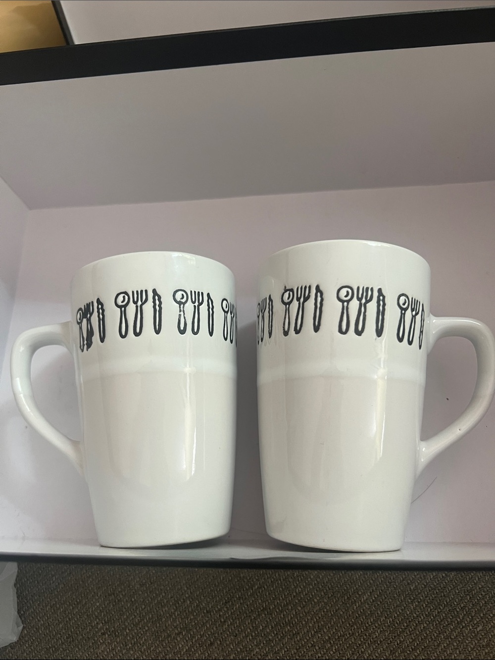 Two-Tone Ceramic Mug w/ Cutlery Border White/Gray  Looks Handmade